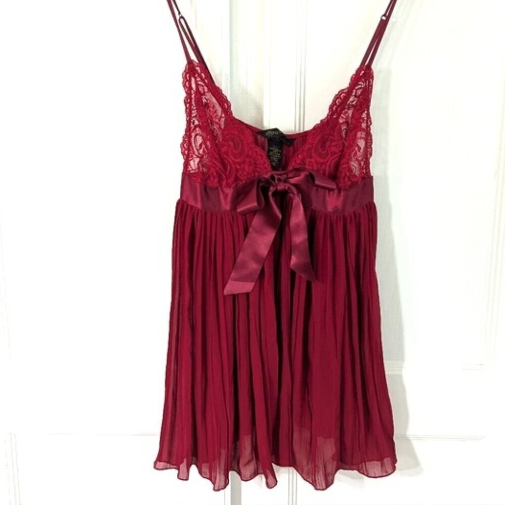Y2K Victorias Secret Red Lace Pleated Bow Lingerie Mini Slip‎ Dress Size M